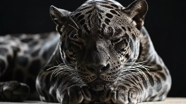 Close up of a melanistic jaguar resting on dark background predator portrait