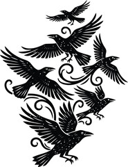 Naklejka premium Flock of flying crows illustration with decorative swirls in black and white vector style.