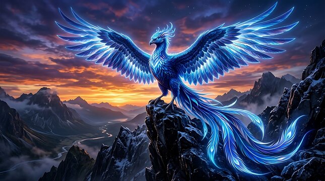 Majestic blue phoenix bird with glowing wings perched on mountain rock at sunset