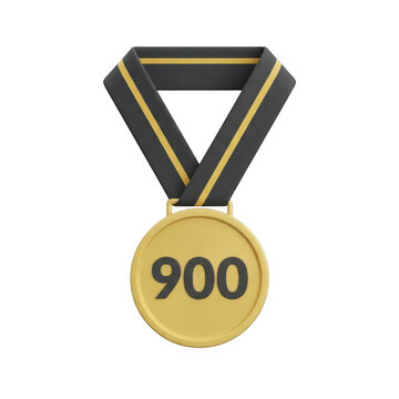 Gold medal with number nine hundred and dark ribbon