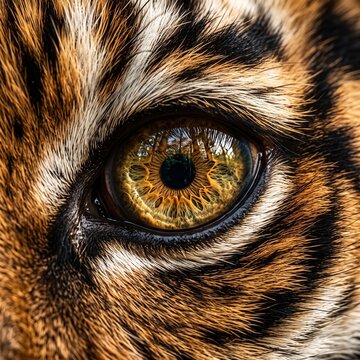 Extreme close up tiger eye macro photography, large feline iris pupil, striped fur texture detail, wild predator look, orange black patterned coat, natural wildlife portrait.
