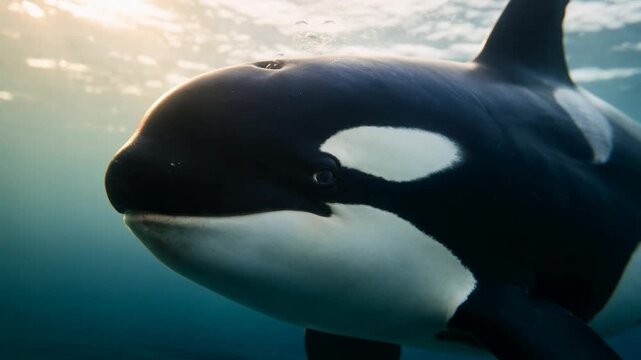 killer whale underwater close up at morning light in salish sea british columbia canada video