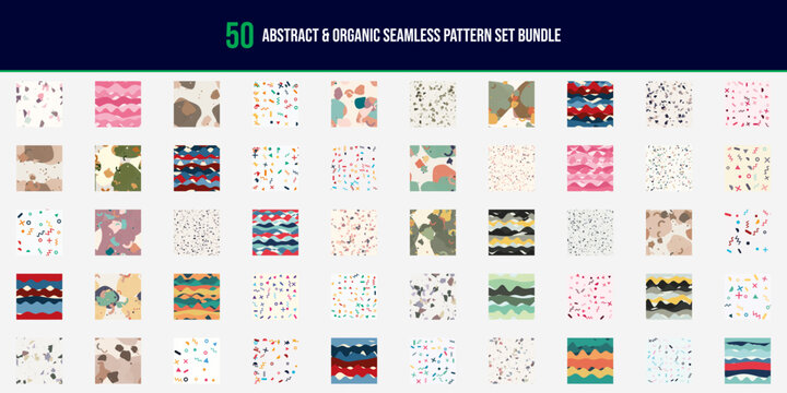 Modern organic seamless pattern collection with neutral earth tones memphis accents and terrazzo textures
