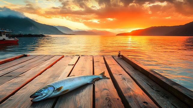 Fresh fish resting on wooden dock during sunset over calm water with distant hills with hour mountains background lies weathered wooden near water golden scenic view daily life