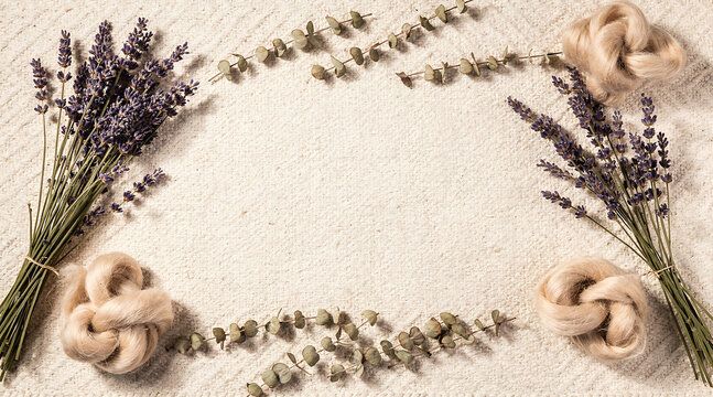 Rustic frame with lavender and bread on textured background.