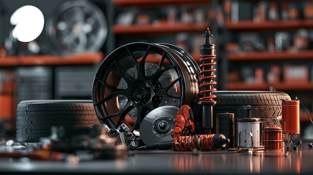 Assorted car parts and wheels in auto repair shop