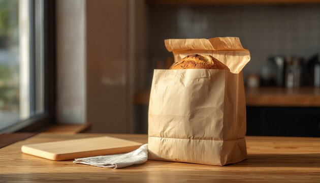 Freshly baked bread in a brown paper bag on a wooden table