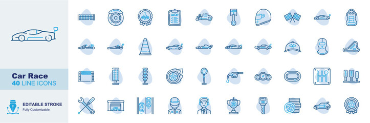 Obraz premium Car Race icon set. Editable line icons racing car, motorsport, helmet vector illustration