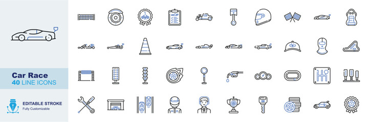 Obraz premium Car Race icon set. Editable line icons racing car, motorsport, helmet, trophy and speedometer vector illustration