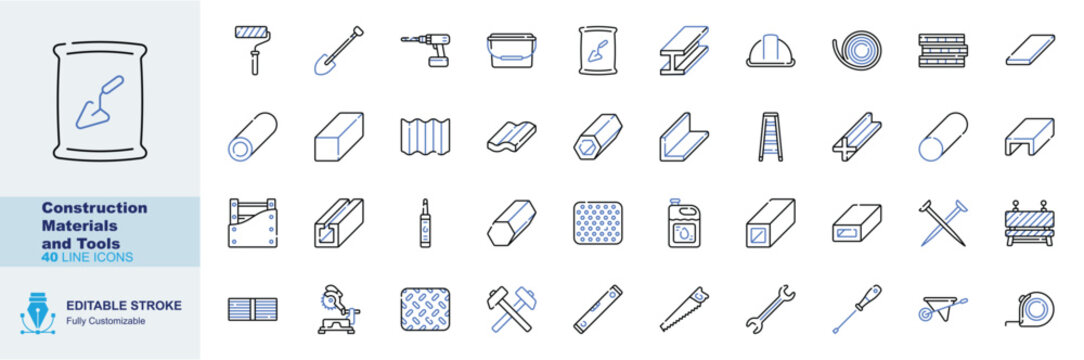 Construction Materials and Tools icon set. Editable line icons cement bag, drill, hard hat, bricks, wrench vector illustration