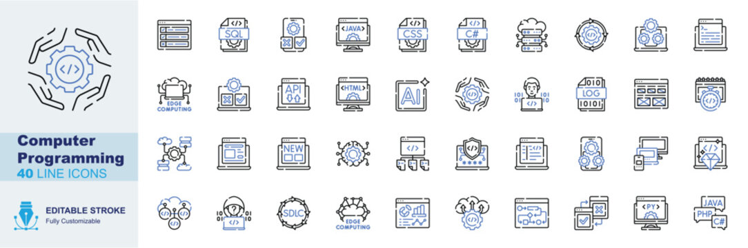 Computer Programming icon set. Editable line icons code, Java, CSS, cloud server, API vector illustration