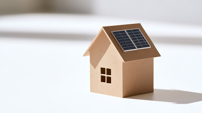 A miniature paper house model with solar panels on the roof symbolizing clean energy, sustainable living, and modern green technology