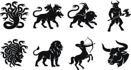 Obraz premium Set of black silhouettes representing mythical creatures, legendary monsters, and ancient Greek gods