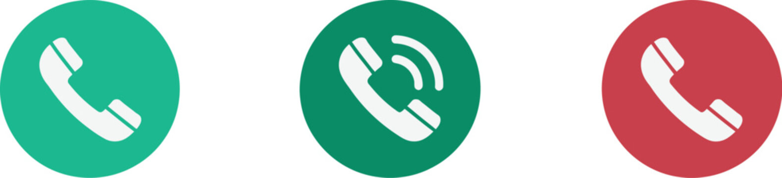 Phone handset, and hang up icon, long shadow style, telephone communication sign, call control, answering and ending calls, digital interface, isolated on white background.