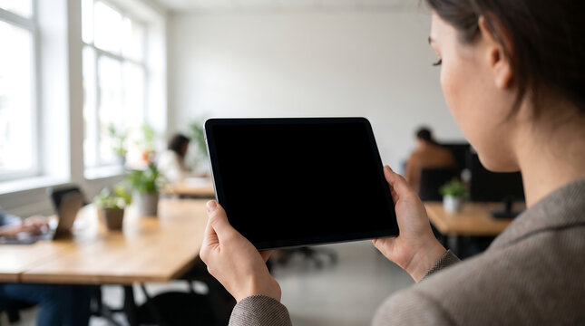 Professional woman holding tablet with blank screen in modern office, reviewing corporate onboarding materials during workplace training session.