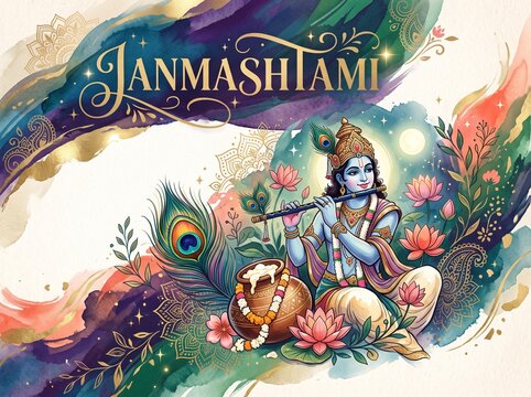 Artistic Janmashtami banner design featuring Lord Krishna playing flute with butter pot, peacock feathers, lotus flowers, and watercolor swirls.