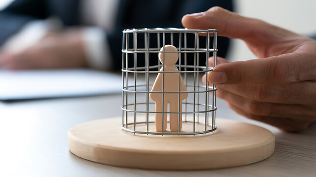 Business concept of control, restriction, and contract trap. A human figure inside a cage figure represents trap, limit, and pressure