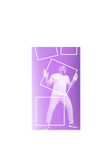 Fototapeta premium Vertical photo collage of scream panic american man inside battery icon low level recharge technology isolated on painted background