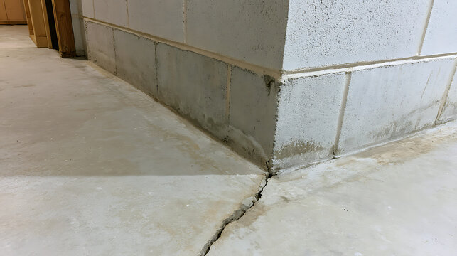 Severe structural damage shown by a large crack in the concrete slab floor and foundation wall of a residential basement undergoing repair work