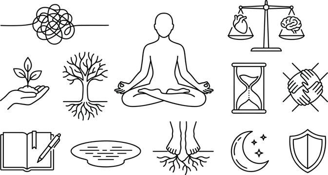 Mental health and mindfulness line icon set featuring meditation yoga scale tree roots plant hand hourglass shield and abstract symbols