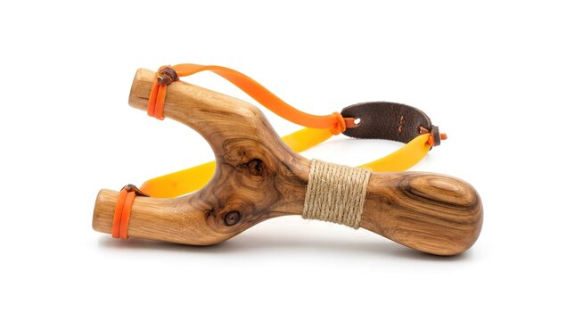 Handcrafted Wooden Slingshot with Orange and Yellow Rubber Isolated on White Background
