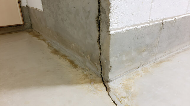 Serious foundation damage with a large structural crack in concrete basement wall and floor corner indicating severe house settlement issue