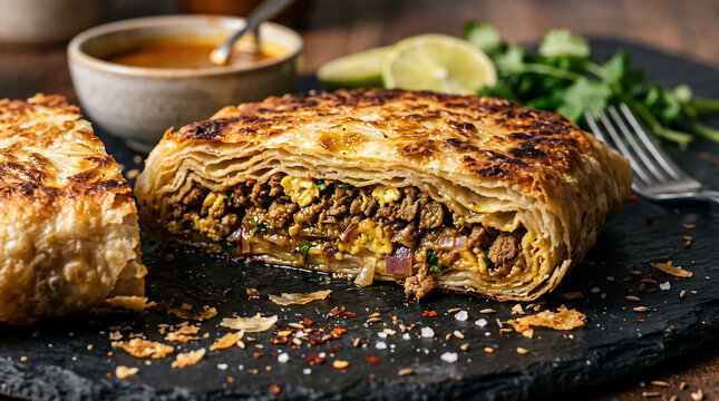 Sliced Crispy Murtabak Stuffed with Minced Meat Egg and Spices Served on Dark Slate Board Close Up Food Photography