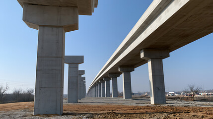 Naklejka premium Low angle view of massive concrete overpass structure and support pillars extending into the distance under a clear blue sky on a bright day