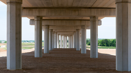 Naklejka premium Perspective view underneath a modern concrete highway overpass bridge with massive support pillars and structural framework in daylight