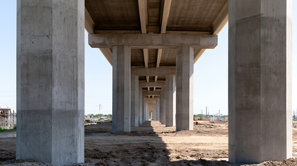 Naklejka premium Industrial highway overpass construction site with concrete pillars and perspective view of massive bridge support structures for transport