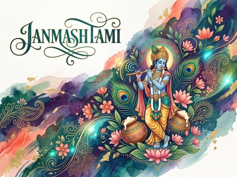 Beautiful Janmashtami poster design featuring Lord Krishna playing flute amidst lotus flowers, peacock feathers, butter pots, and watercolor textures.
