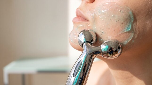 Dual-roller chrome probe captured in motion along the jawline of woman's face with transparent conductive gel. Microcurrent facial massage, skin lifting, hardware cosmetology concept. Close-up shot