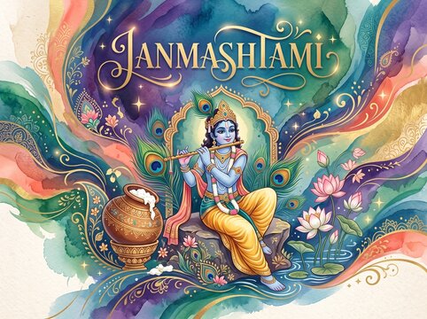 Vibrant Janmashtami banner illustration with Lord Krishna playing flute, dahi handi butter pot, peacock feathers, and lotus flowers in watercolor frame.