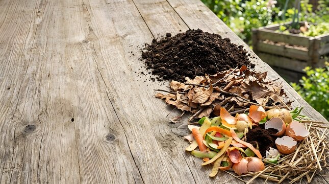 Circular composting banner featuring organic food waste, soil and natural materials representing zero waste lifestyle, sustainable gardening and environmental awareness campaigns