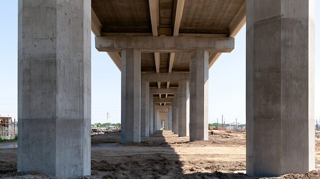 Industrial highway overpass construction site with concrete pillars and perspective view of massive bridge support structures for transport