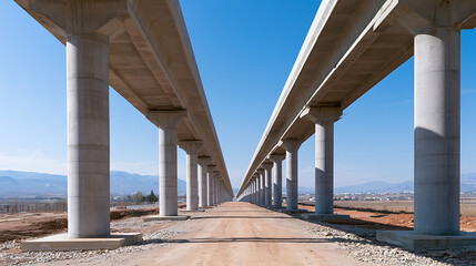 Naklejka premium Modern concrete highway bridge under construction with massive pillars and perspective view in a bright daytime outdoor landscape setting