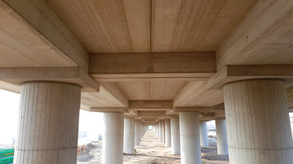 Naklejka premium Low angle view of large concrete bridge under construction showing heavy support pillars and geometric beam structure on urban construction site