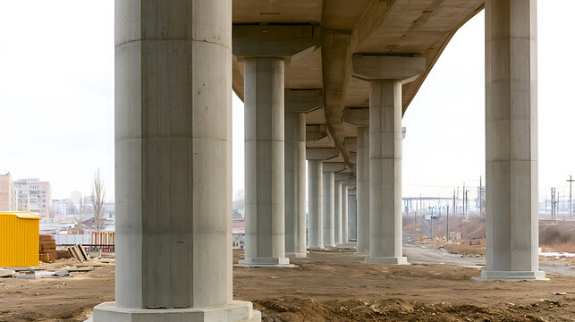 Massive concrete bridge pillars support a modern elevated highway structure during daytime construction in an urban industrial setting view