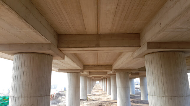 Low angle view of large concrete bridge under construction showing heavy support pillars and geometric beam structure on urban construction site
