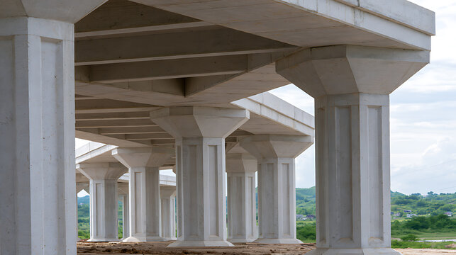 Modern concrete bridge construction structure with heavy support pillars and geometric beams for urban highway project architecture backdrop