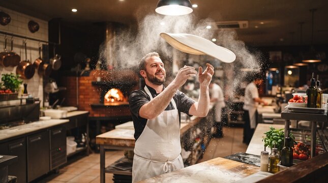 Professional chef throwing pizza dough in air with flour flying around in restaurant kitchen.