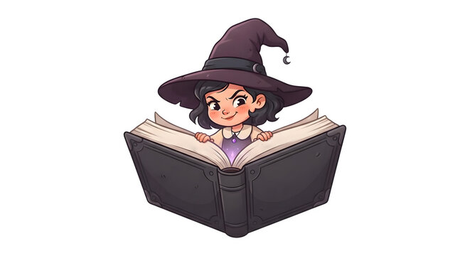 Cute little witch reading glowing magic spell book isolated on transparent background