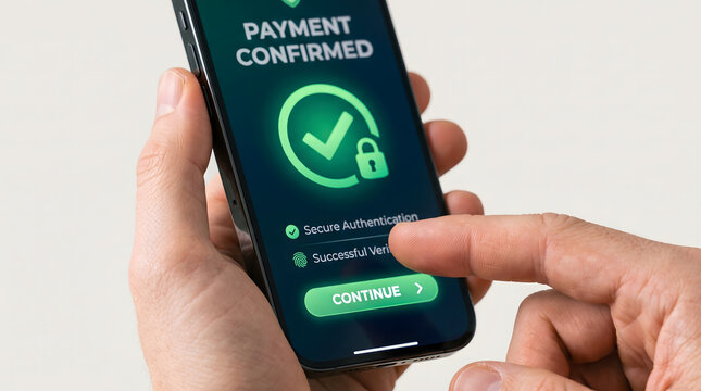 Close-up of a person using a smartphone for secure online mobile payment with successful verification message and green checkmark icon.