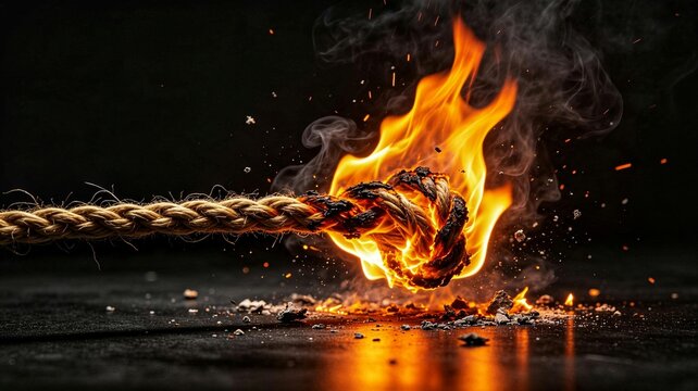 Burning Knotted Rope in Flames, Thick Twisted Cord on Fire with Sparks and Smoke &mdash; Breaking Point Concept