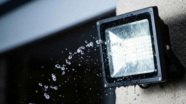 A powerful outdoor LED floodlight is illuminated and sprayed with water on a textured wall