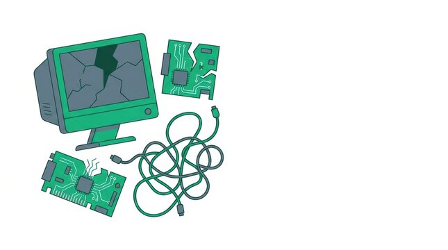 Broken computer monitor and damaged circuit boards with tangled cables energy storage