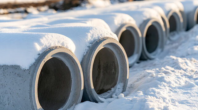 Large heavy concrete storm drain pipes stacked outdoors in a cold winter construction site storage yard covered with fresh white snow