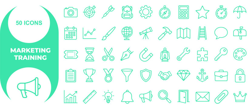 Professional set of fifty marketing and business training icons for creative projects and corporate presentation design needs