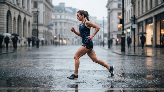 Fit young woman running through a rainy European city street with splashes and wet pavement.
