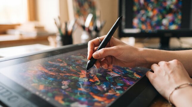 Digital artist drawing on a graphic tablet with a stylus pen in a bright studio.